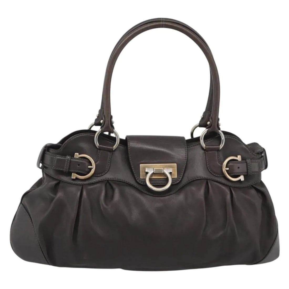 Salvatore Ferragamo Marisa Brown Leather Handbag Italy: Salvatore Ferragamo Marisa Brown Leather Handbag Italy Salvatore Ferragamo Marisa leather item in brown, designed for women. Made in Italy, it measures 45 cm x 27 cm x 1 cm. The item is in worn, good 