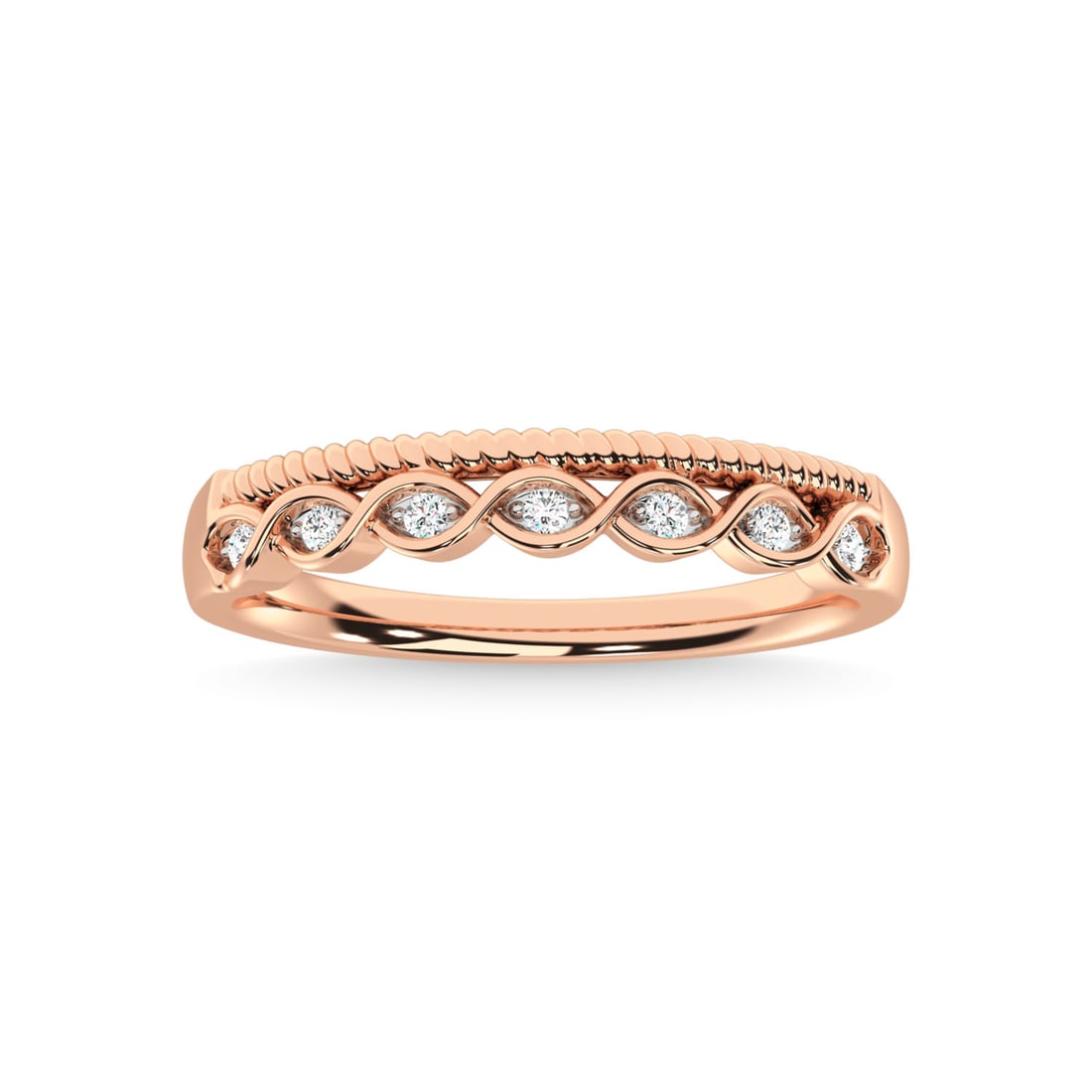 14K Rose Gold Diamond 1/20 Ct.Tw. Stackable Band: 14K Rose Gold Diamond 1/20 Ct.Tw. Stackable Band 14k Rose Gold Stone Color: G-h Stone Clarity: Si3 Each ring is presented in standard size 6.5. Complimentary resizing is available between sizes 510 (i
