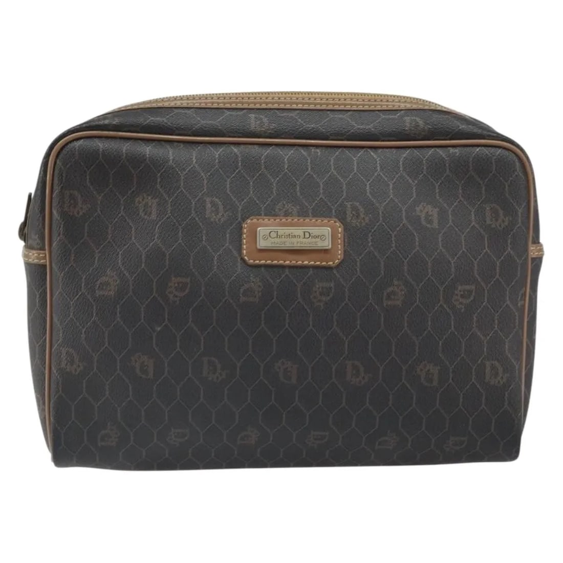Vintage Honeycomb Pattern Black Canvas Zip Pouch by Christian Dior: Vintage Honeycomb Pattern Black Canvas Zip Pouch by Christian Dior This Christian Dior vintage Honeycomb zip pouch is crafted from black canvas with leather accents. Designed for women, it features a 