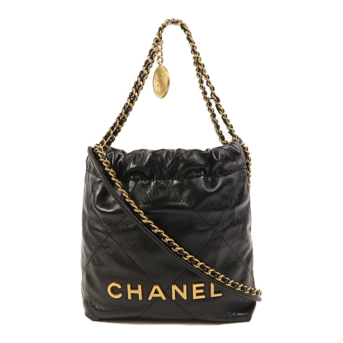 CHANEL Mini 22 AS3980 2 Way Shoulder Bag Black Calfskin: CHANEL Mini 22 AS3980 2 Way Shoulder Bag Black Calfskin A CHANEL Mini 22 2-way shoulder bag in black calfskin (cowhide) leather with gold-tone hardware. The bag is identified as model AS3980 and is de