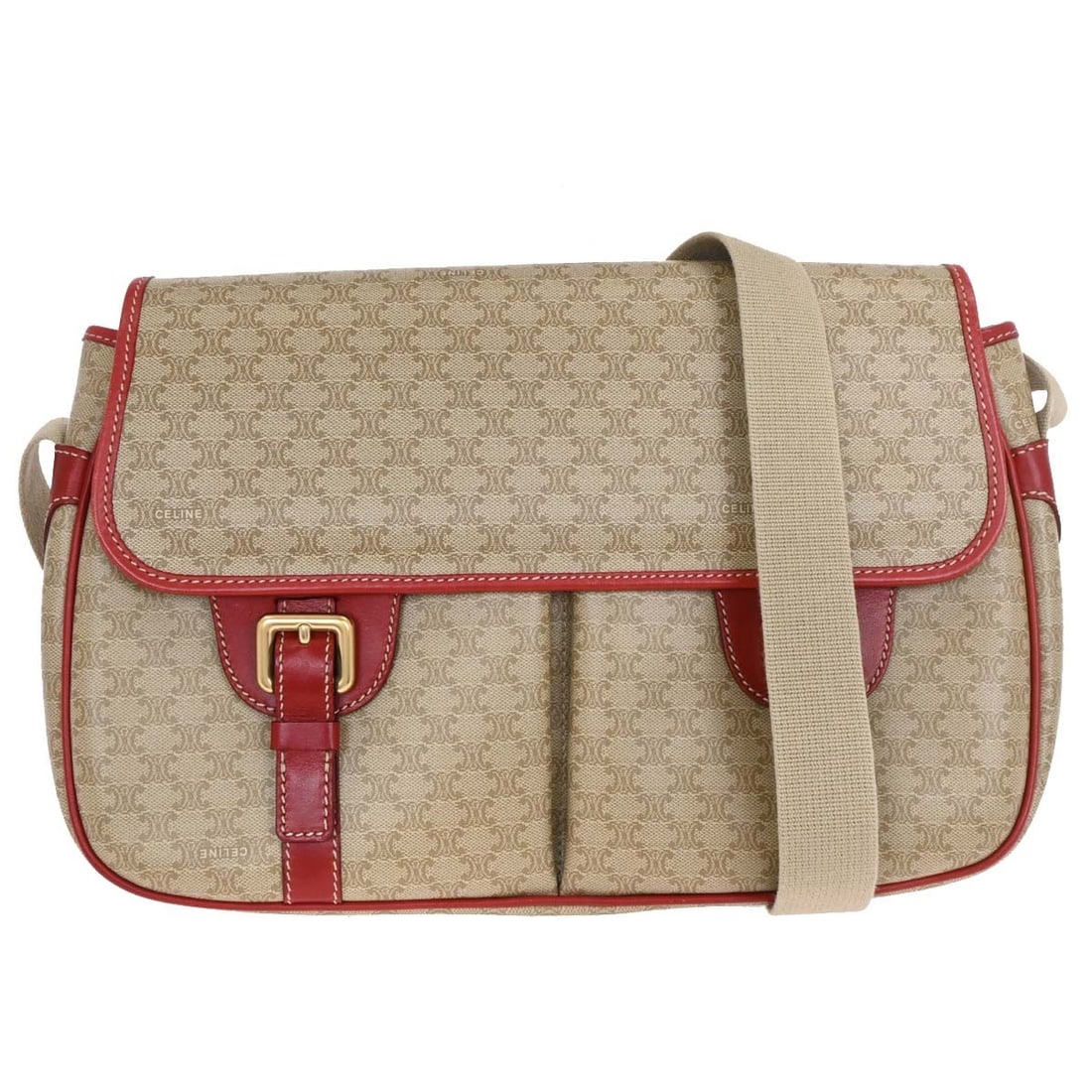 CELINE Macadam Beige Shoulder Bag in PVC Canvas Leather: CELINE Macadam Beige Shoulder Bag in PVC Canvas Leather Celine Macadam shoulder bag in beige with logo accents and a shoulder strap. Made in Italy, this medium bag features a beige exterior with red i