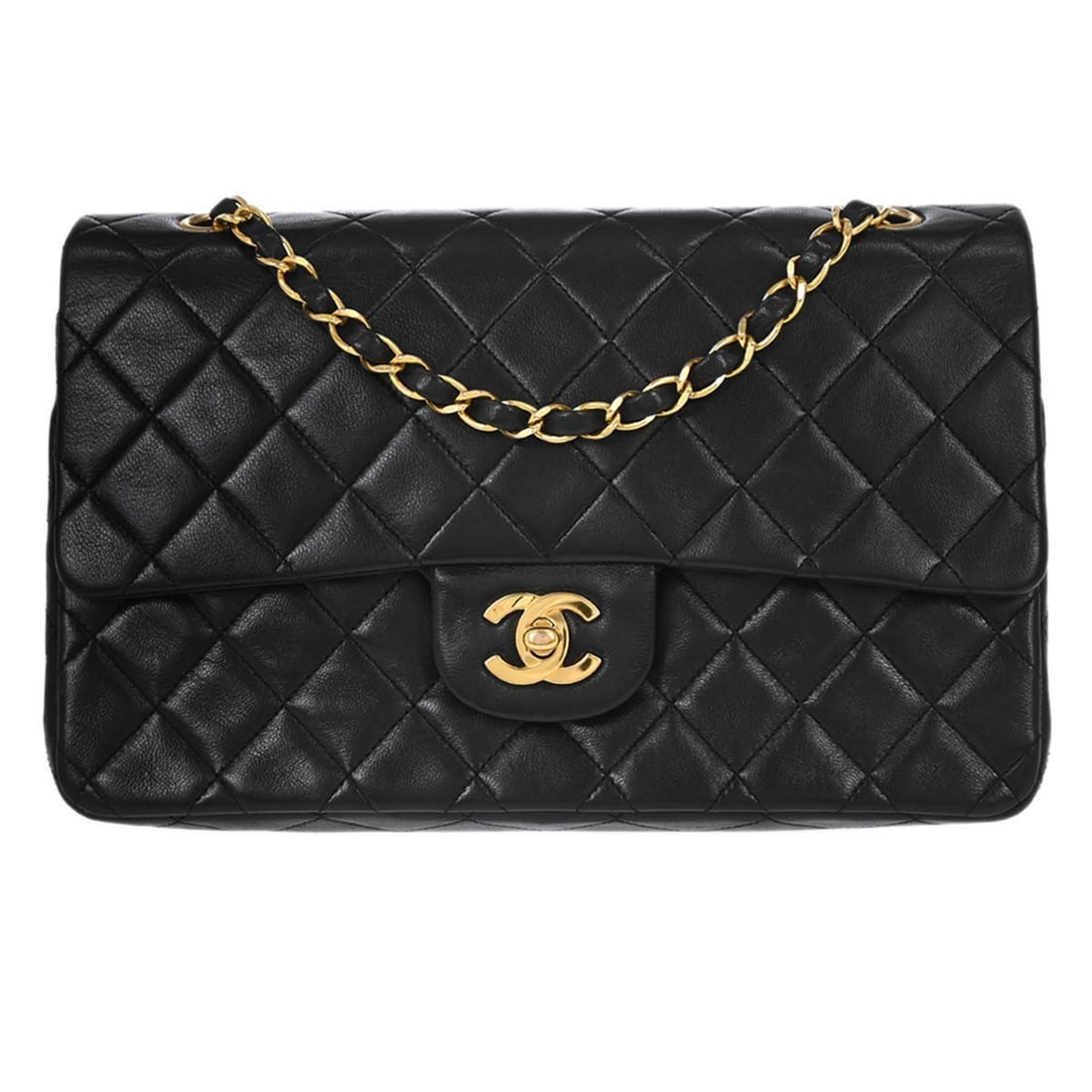CHANEL Classic Double Flap Medium Shoulder Bag Black Lambskin: CHANEL Classic Double Flap Medium Shoulder Bag Black Lambskin A Chanel Medium Classic Double Flap Shoulder Bag in black lambskin leather, made in France. It features a turn-lock closure, a shoulder st