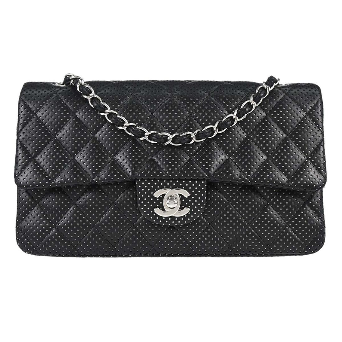 CHANEL Matelasse Shoulder Bag Black Perforated Lambskin Turnlock: CHANEL Matelasse Shoulder Bag Black Perforated Lambskin Turnlock Chanel shoulder bag in black perforated lambskin with a matelasse pattern and turnlock closure. This medium shoulder bag features a lea