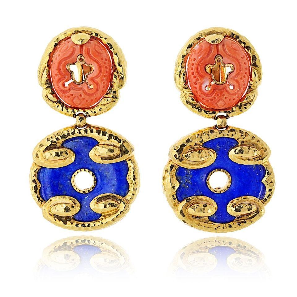 David Webb 18K Yellow Gold Lapis Coral Drop Earrings (1 of 6)