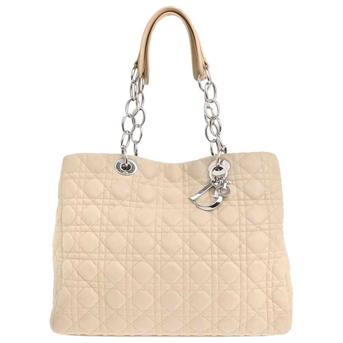 Dior Cannage Beige Lambskin Large Tote Bag Italy 04-RU-1121: Dior Cannage Beige Lambskin Large Tote Bag Italy 04-RU-1121 Christian Dior Cannage tote handbag in beige lambskin with quilted detailing and top handles. This large women's bag features a magnetic clo