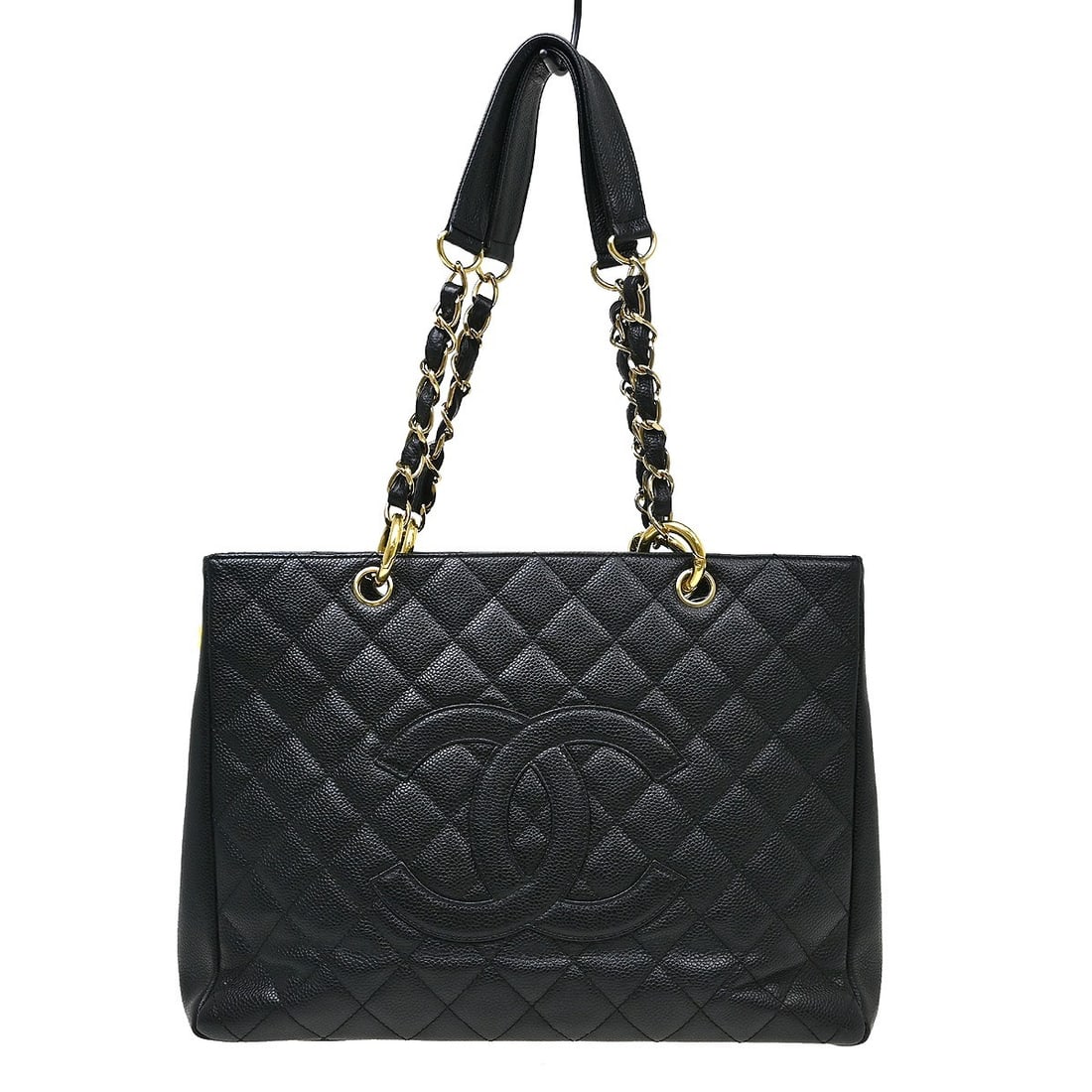 Chanel GST Grand Shopping Tote Black Caviar Leather Chain Bag: Chanel GST Grand Shopping Tote Black Caviar Leather Chain Bag Chanel Grand Shopping Tote GST chain handbag in black caviar skin leather, made in Italy. It features one outside pocket, one inside zip p