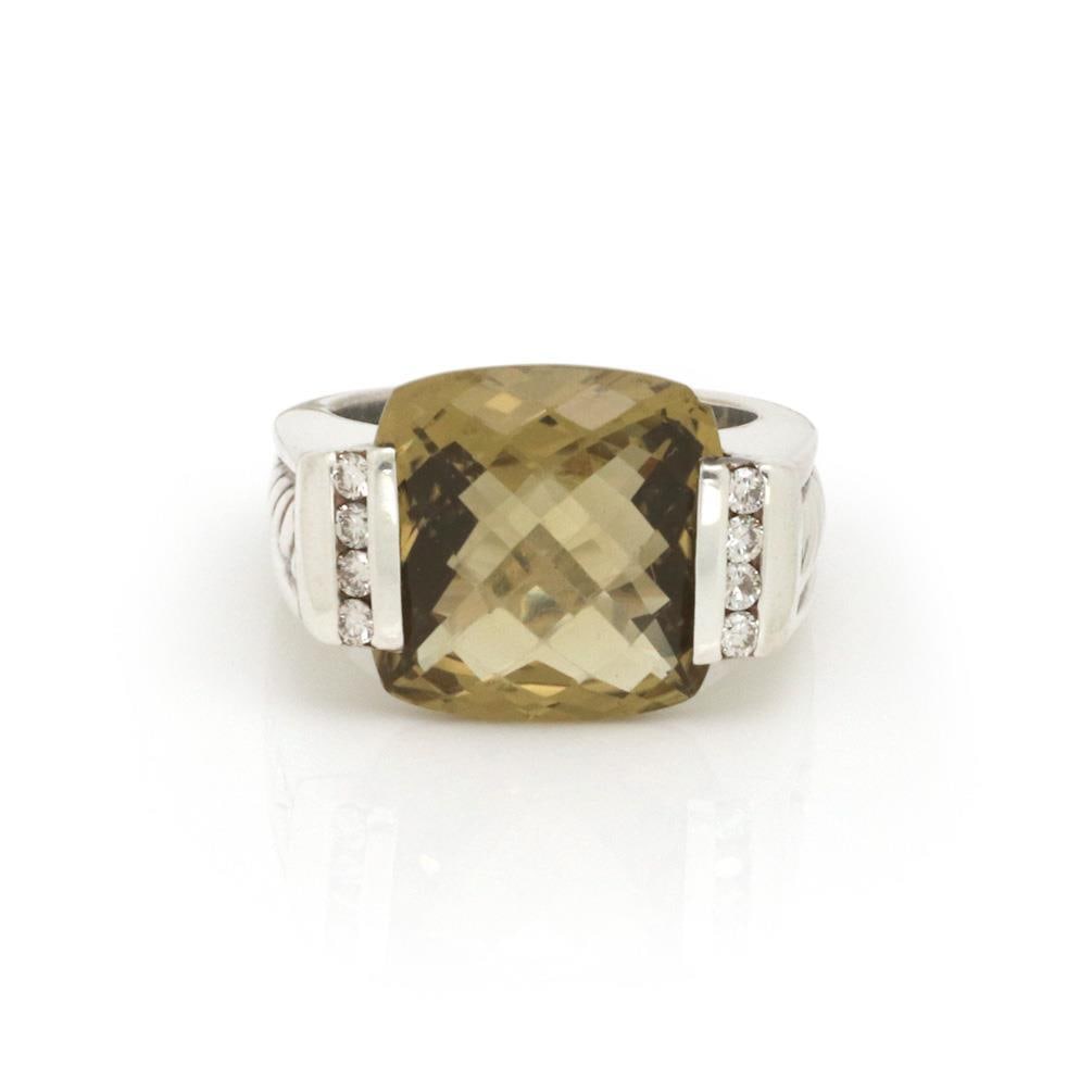David Yurman Sterling Silver Diamond Citrine Ring DY 925 Size 7: David Yurman Sterling Silver Diamond Citrine Ring DY 925 Size 7 Discover the elegance of this authentic David Yurman ring, featuring a stunning cushion-cut green citrine gemstone beautifully complemen
