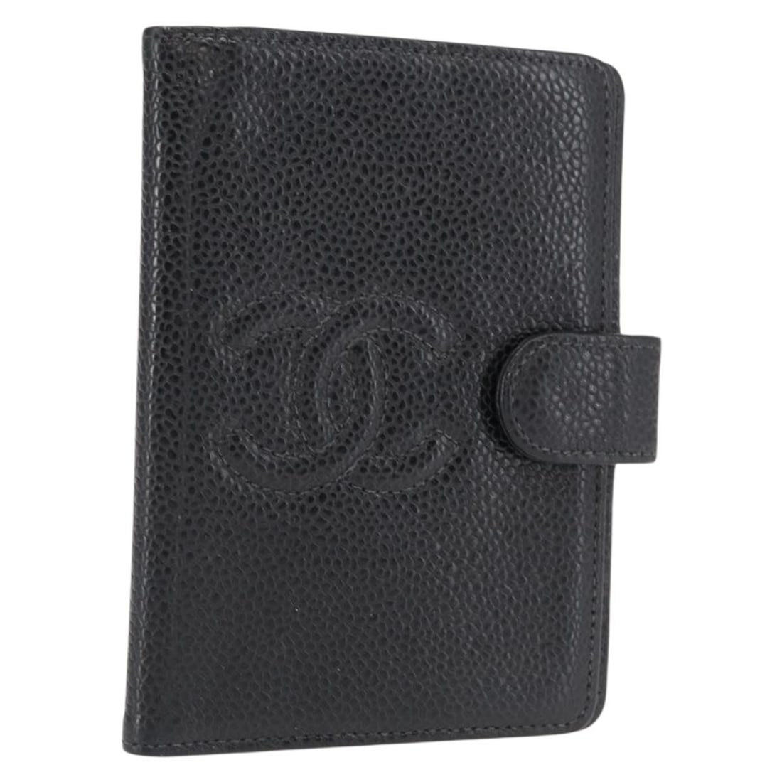 Black Caviar Leather Day Planner Cover with Gold CC by CHANEL: Black Caviar Leather Day Planner Cover with Gold CC by CHANEL This is a CHANEL day planner cover crafted from black caviar grained calfskin leather, featuring gold-tone CC hardware. The cover is made 
