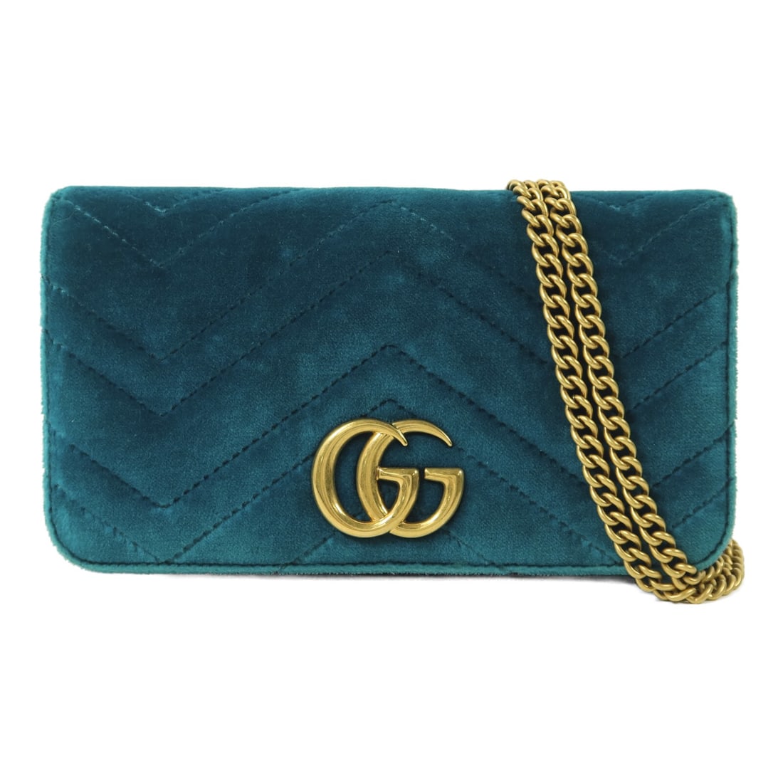 Gucci 488426 GG Marmont velvet chain shoulder bag green blue: Gucci 488426 GG Marmont velvet chain shoulder bag green blue Gucci GG Marmont chain shoulder bag, model 488426, in velvet with a green and blue colorway. It features a magnetic pocket and one inside h