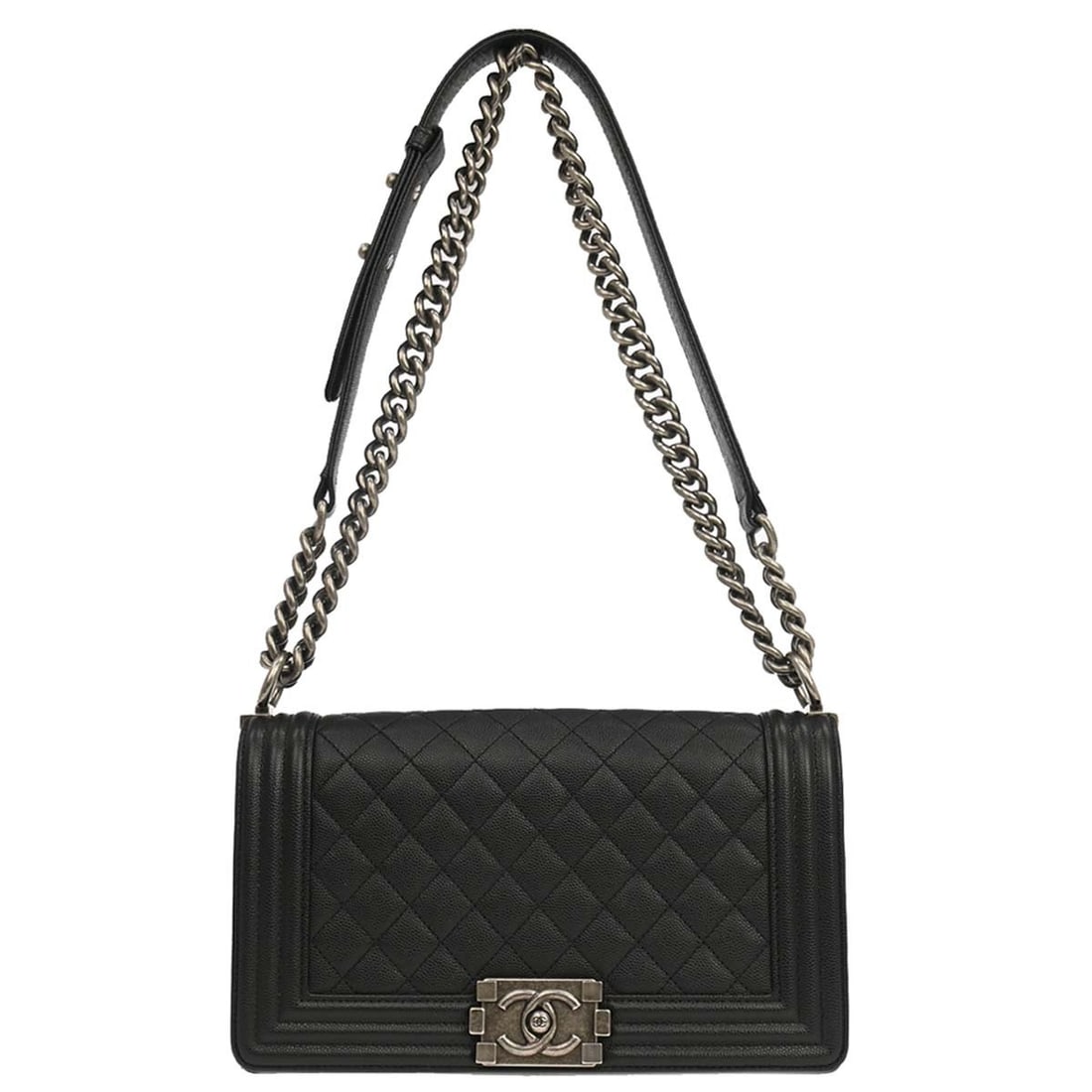 CHANEL Boy Medium Shoulder Bag Black Caviar Leather Chain Strap: CHANEL Boy Medium Shoulder Bag Black Caviar Leather Chain Strap Medium Boy Chanel shoulder bag in black caviar skin leather with a push-lock closure, quilted accents, silver-color hardware, and a chai