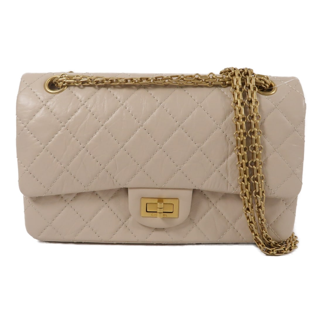 CHANEL 2.55 A37586 Small Beige Calfskin Shoulder Bag GHW: CHANEL 2.55 A37586 Small Beige Calfskin Shoulder Bag GHW A CHANEL 2.55 Small Chain Shoulder Bag in beige calfskin leather, model A37586. It features a chain shoulder strap, turn lock closure, and an i
