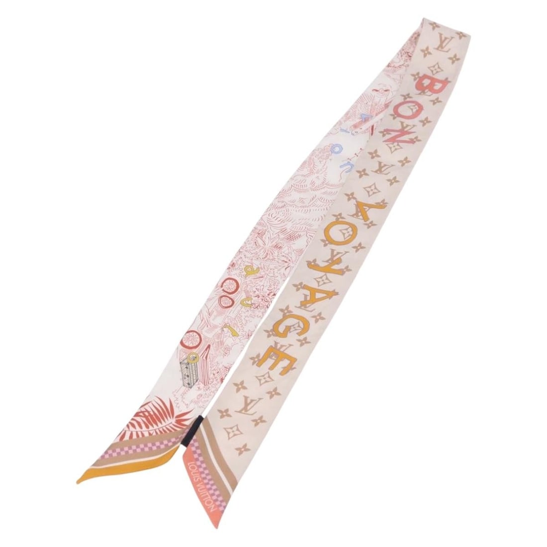 Louis Vuitton M96392 Bando BB Silk Scarf Beige Italy: Louis Vuitton M96392 Bando BB Silk Scarf Beige Italy A Louis Vuitton Bando BB Bon Voyage scarf in beige silk, made in Italy. This women's scarf measures approximately 5 cm wide by 120 cm long and come