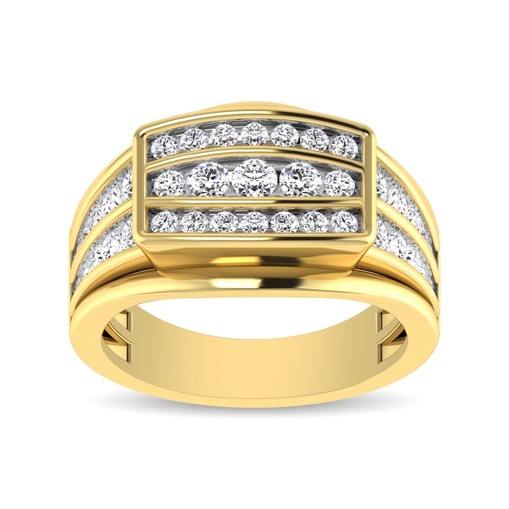 10K Yellow Gold 1 1/2 Ct.Tw. Diamond Mens Fashion Ring: 10K Yellow Gold 1 1/2 Ct.Tw. Diamond Mens Fashion Ring This glamorous ring is available in 10K Yellow Gold. There are 39 round diamonds with a total carat weight of 1 1/2 Ct.Tw. set in a Channel setti