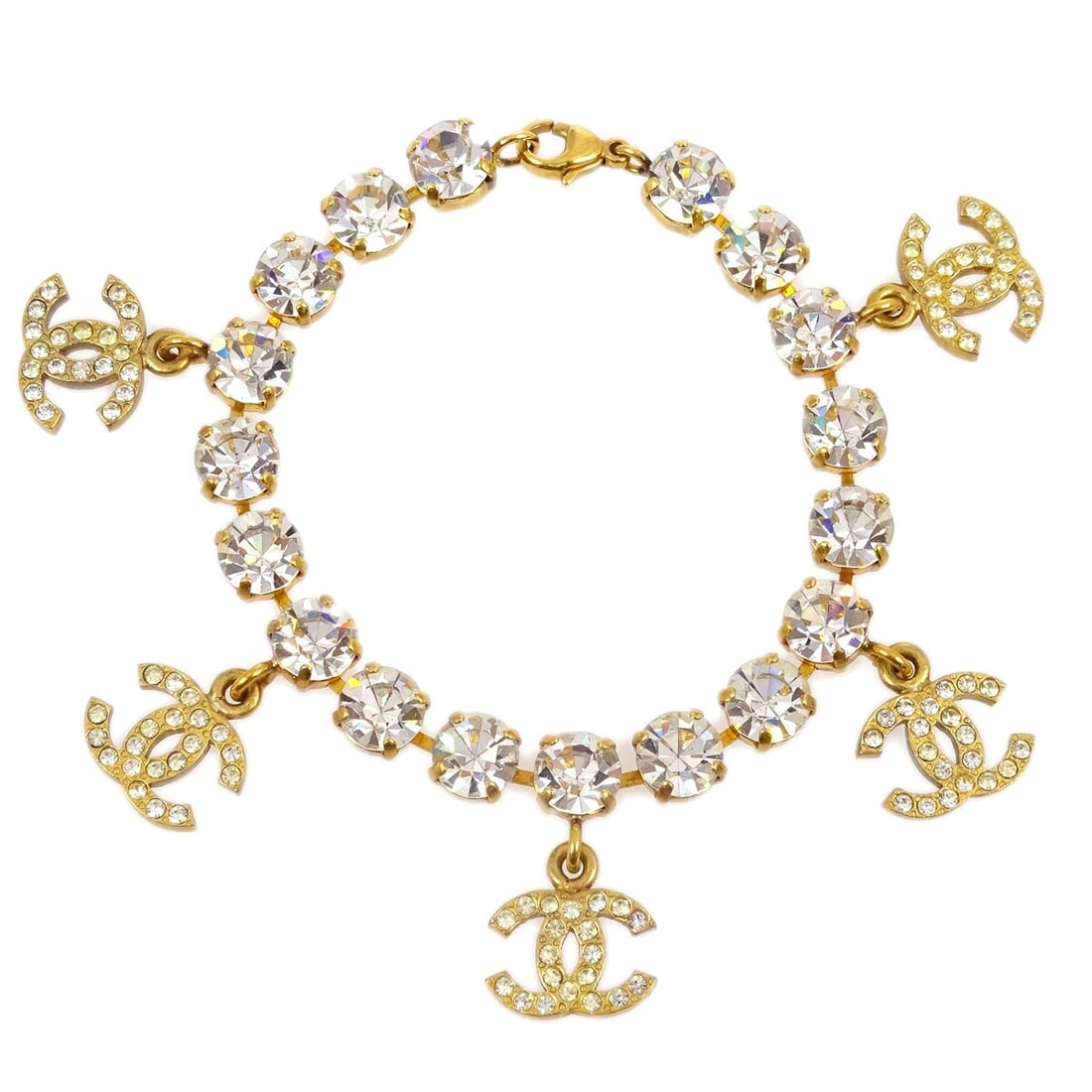 CHANEL 96P Gold Plated Chain Bracelet with Rhinestones: CHANEL 96P Gold Plated Chain Bracelet with Rhinestones Chanel chain bracelet in gold-plated metal with rhinestone accents and Chanel logo charms. Made in France, this bracelet is marked 96P and comes 