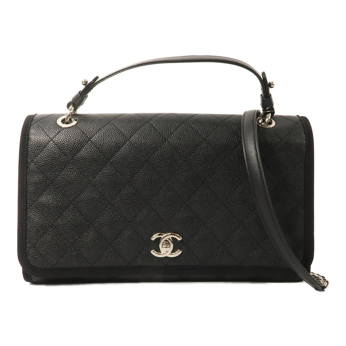 CHANEL CC 2way chain shoulder bag black calfskin SHW: CHANEL CC 2way chain shoulder bag black calfskin SHW A CHANEL 2-way chain shoulder bag in black calfskin leather with a black frame color. It features a turn lock closure, one inside zip pocket, and c