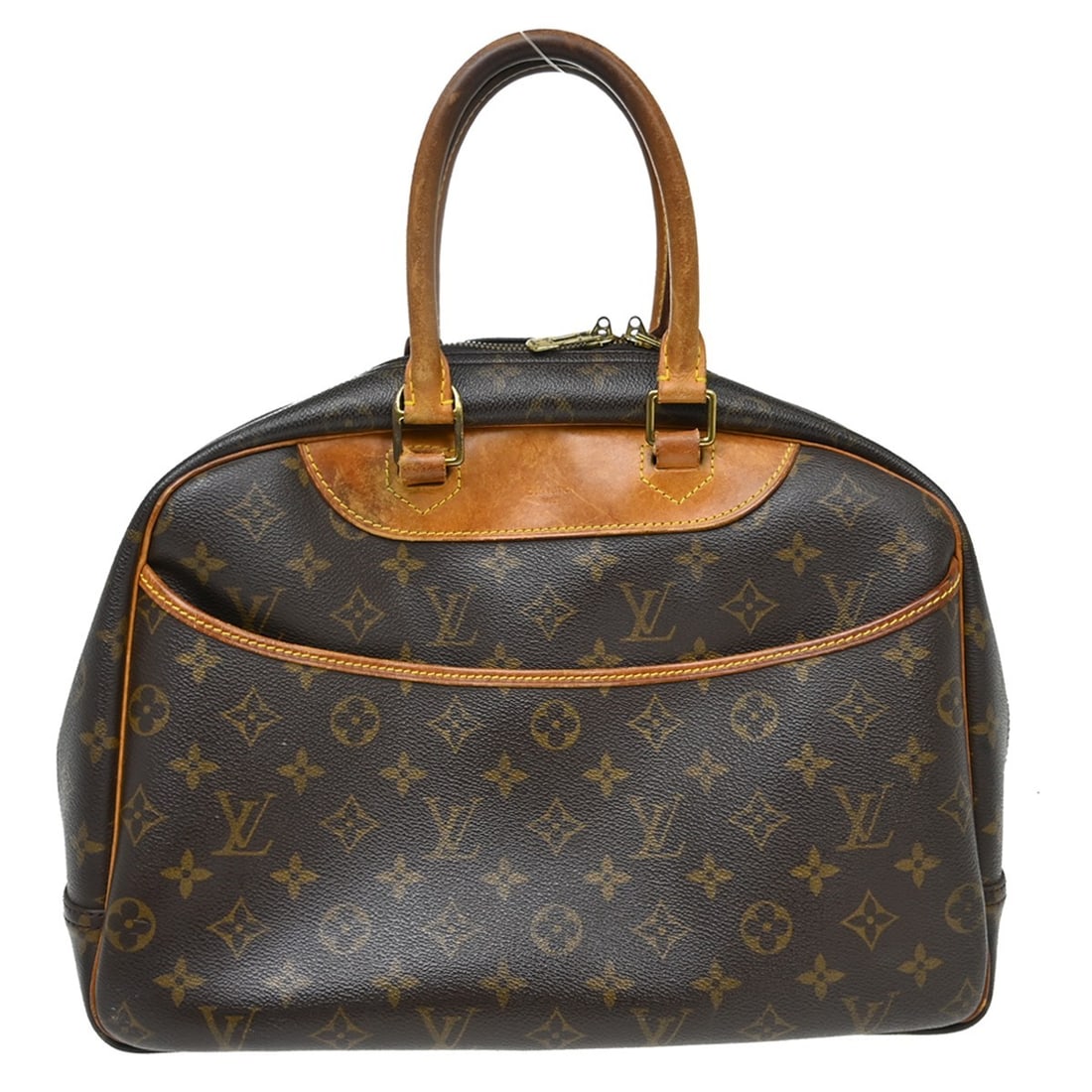 Louis Vuitton Deauville Monogram Canvas Vanity Bag M47270: Louis Vuitton Deauville Monogram Canvas Vanity Bag M47270 Vintage Louis Vuitton Deauville bowling vanity handbag in brown Monogram canvas with leather trim and double handles. This medium handbag feat