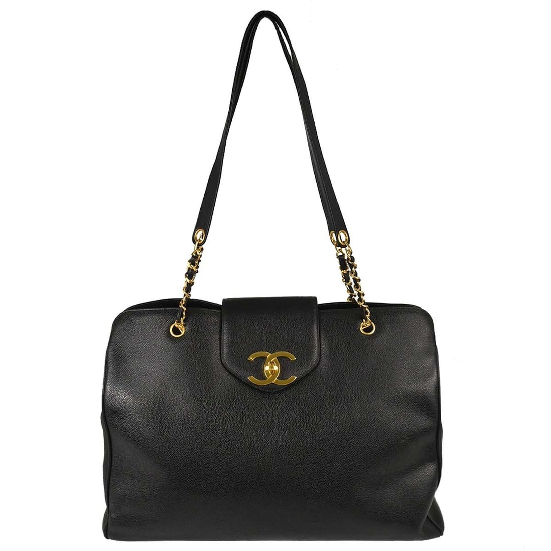CHANEL Caviar Skin Leather Tote Shoulder Bag Black Italy: CHANEL Caviar Skin Leather Tote Shoulder Bag Black Italy Chanel black calfskin Supermodel tote shoulder bag in extra large size, made in Italy. It features a logo accent, two exterior pockets, and two