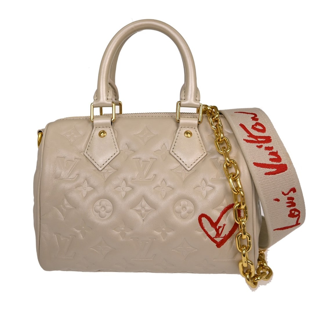 Louis Vuitton Speedy Bandouliere 22 M58736 Off White Handbag: Louis Vuitton Speedy Bandouliere 22 M58736 Off White Handbag Louis Vuitton Fall In Love Speedy Bandouliere 22 handbag, model M58736, in a mini size with a Monogram pattern and top handle bag style. It