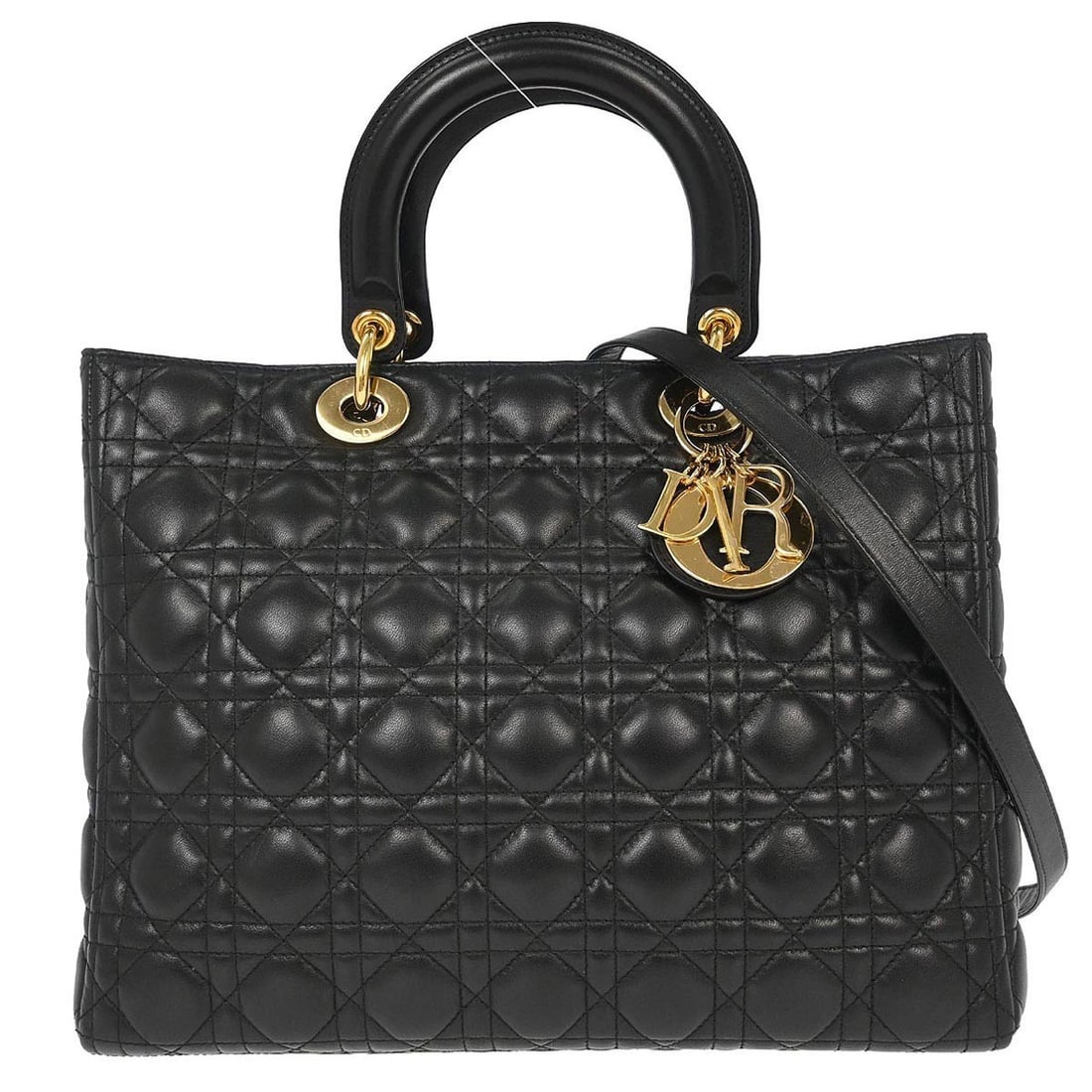Dior Lady Dior Large Black Lambskin Satchel with Strap: Dior Lady Dior Large Black Lambskin Satchel with Strap Christian Dior Lady Dior Cannage 2-way handbag in black lambskin with quilted detailing and a red canvas lining. This satchel-style top handle ba