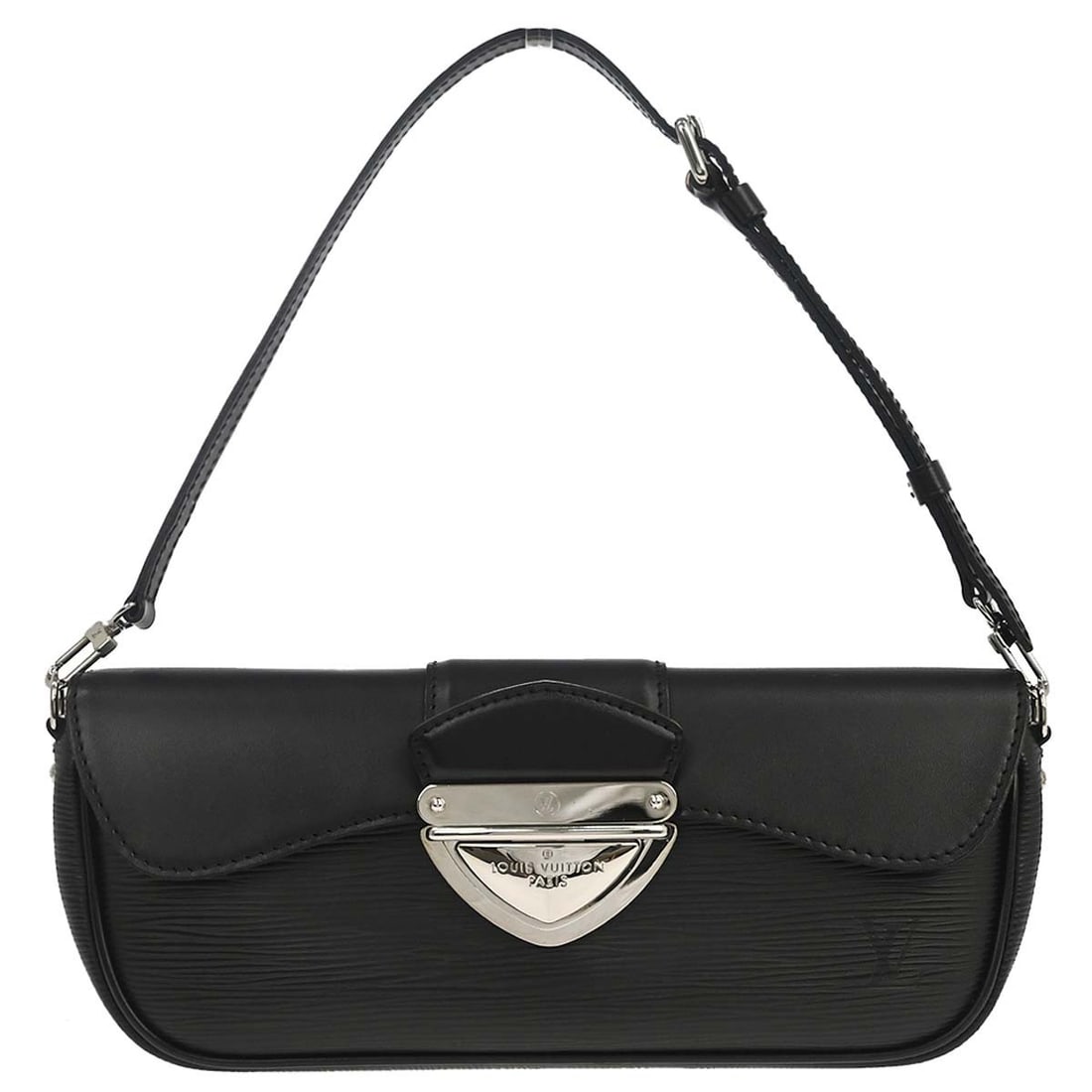 Louis Vuitton Pochette Montaigne Black Epi Leather Top Handle Bag M59292: Louis Vuitton Pochette Montaigne Black Epi Leather Top Handle Bag M59292 This Louis Vuitton Pochette Montaigne handbag is crafted in black Epi leather with leather handle and strap details. It is a sm