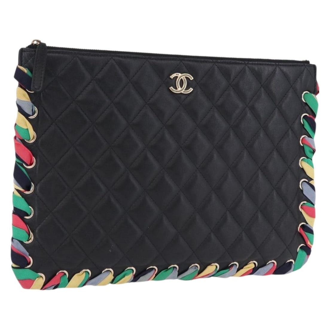 CHANEL CC Lambskin Clutch Black Gold with Guarantee Card: CHANEL CC Lambskin Clutch Black Gold with Guarantee Card CHANEL matelasse clutch bag in black and gold lamb skin, made in Italy. It comes with a guarantee card and is described as being in excellent c