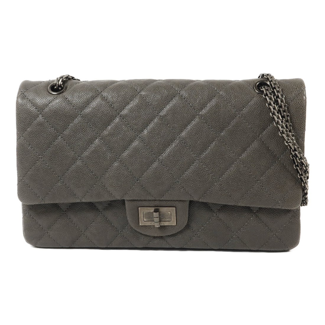 CHANEL 2.55 Large Shoulder Bag Gray Calfskin with Chain: CHANEL 2.55 Large Shoulder Bag Gray Calfskin with Chain A CHANEL CC SHW 2.55 large chain shoulder bag in gray calfskin (cowhide) leather. It features a turn-lock closure and a practical interior layou