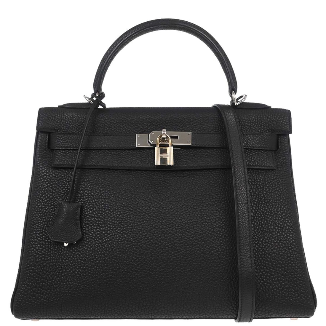 Hermes Kelly 32 Retourne Black Togo Leather Satchel with Strap: Hermes Kelly 32 Retourne Black Togo Leather Satchel with Strap Hermes Kelly 32 Retourne 2-way handbag in black Togo leather with a turn-lock flap closure, top handle, and detachable shoulder strap. Th