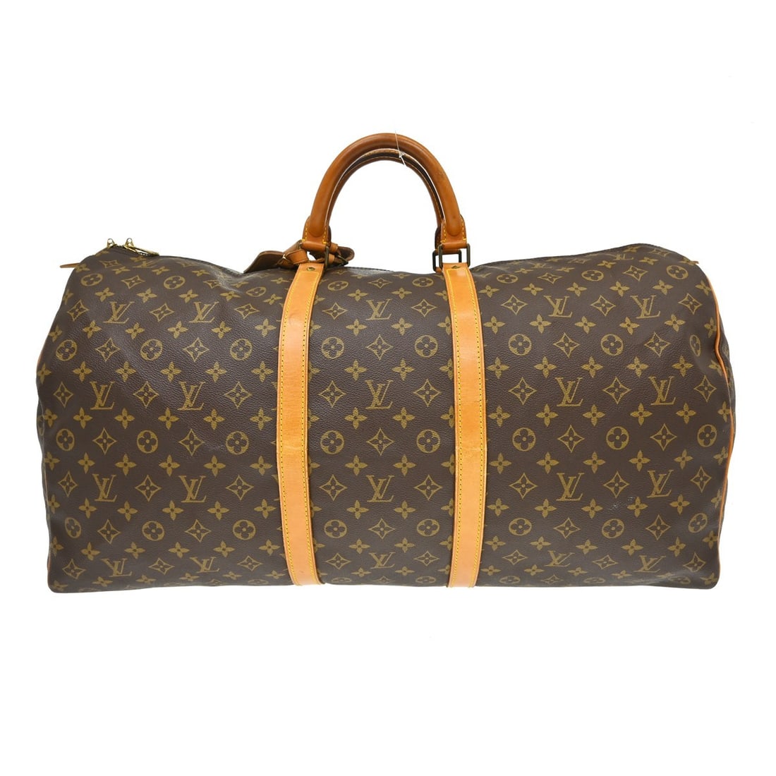 Louis Vuitton Keepall 60 Monogram Duffle Bag M41422: Louis Vuitton Keepall 60 Monogram Duffle Bag M41422 Vintage Louis Vuitton Keepall 60 travel handbag in brown Monogram canvas with leather trim and double handles. This extra large duffle-style bag fea