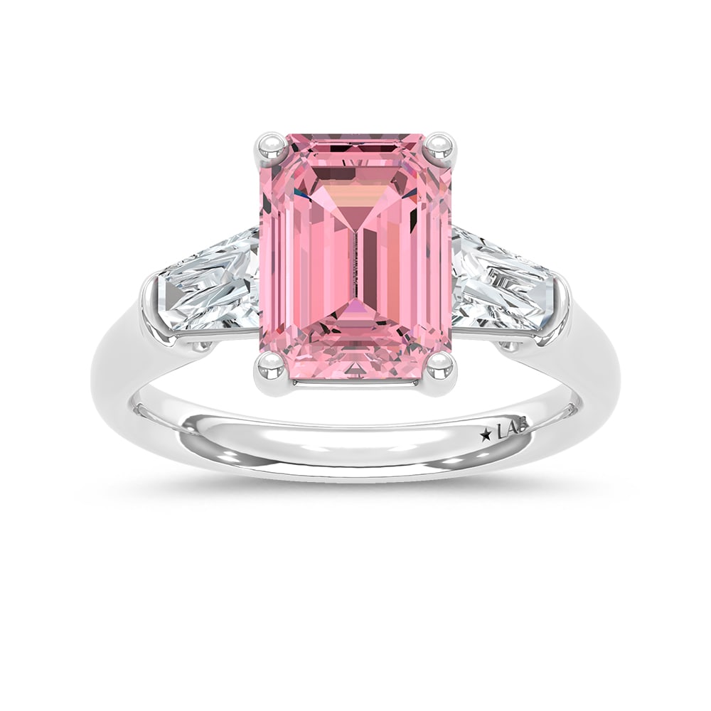 14K White Gold Lab Grown Diamond 2 5/8 Ct.Tw. Pink Radiant Engagement Ring (Center 3ct): 14K White Gold Lab Grown Diamond 2 5/8 Ct.Tw. Pink Radiant Engagement Ring (Center 3ct) Experience refined elegance with this 14K White Gold Engagement Ring, featuring a captivating 3-carat lab-grown 