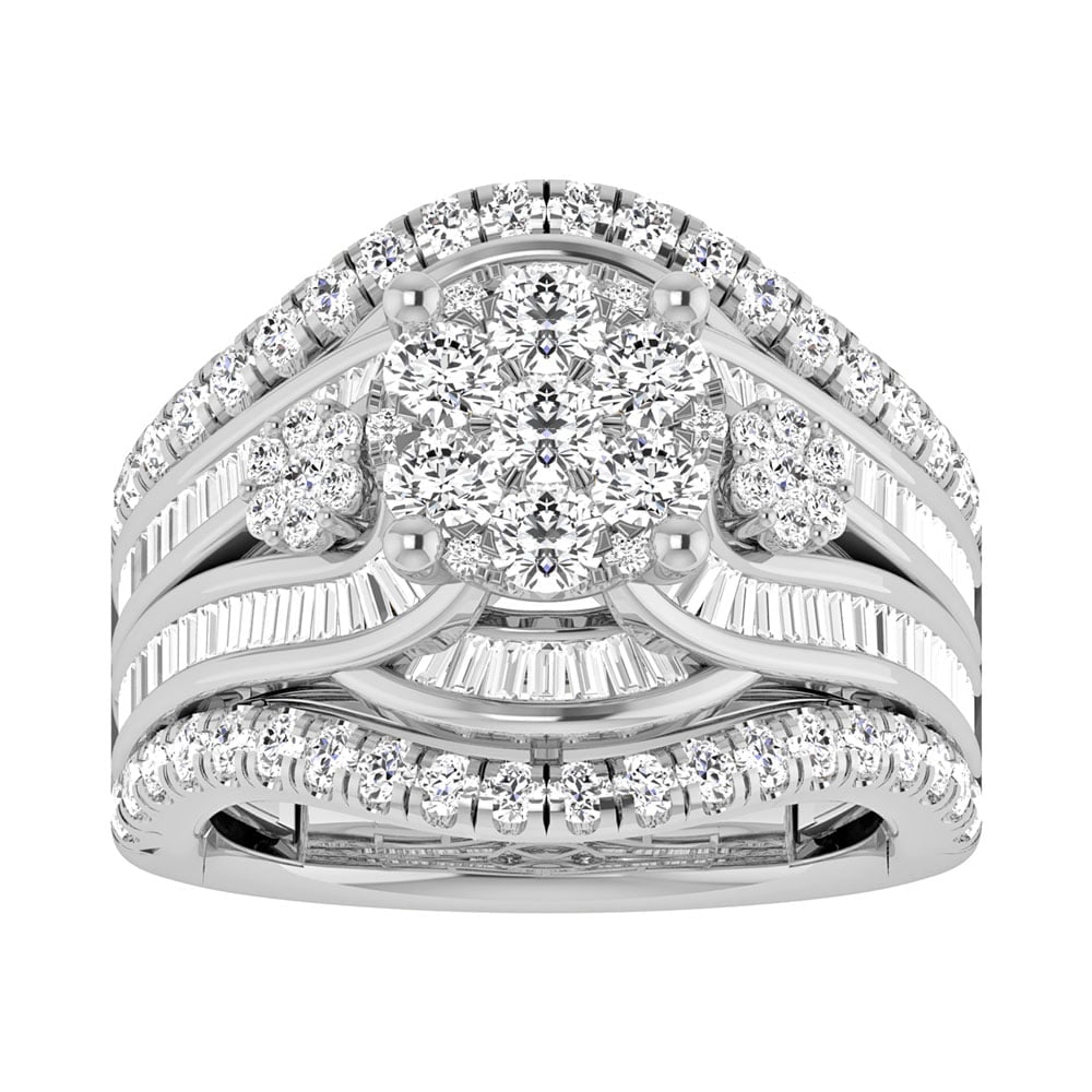 Diamond 2 Ct.Tw. Cluster Engagement Ring in 14K White Gold: Diamond 2 Ct.Tw. Cluster Engagement Ring in 14K White Gold 14k White Gold Stone Color: G-h Stone Clarity: I2 Each ring is presented in standard size 6.5. Complimentary resizing is available between si