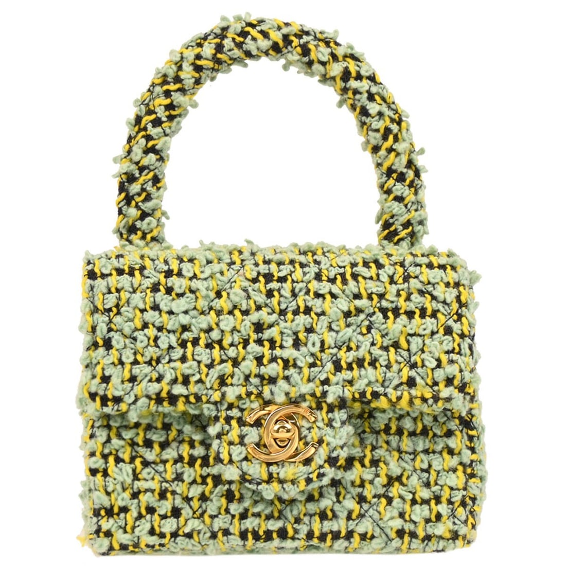 CHANEL Mini Square Micro Classic Flap Tweed Top Handle Bag: CHANEL Mini Square Micro Classic Flap Tweed Top Handle Bag Chanel Micro Classic Flap handbag in light green tweed with a matelasse quilted design and flap turn-lock closure. This women's top handle ba