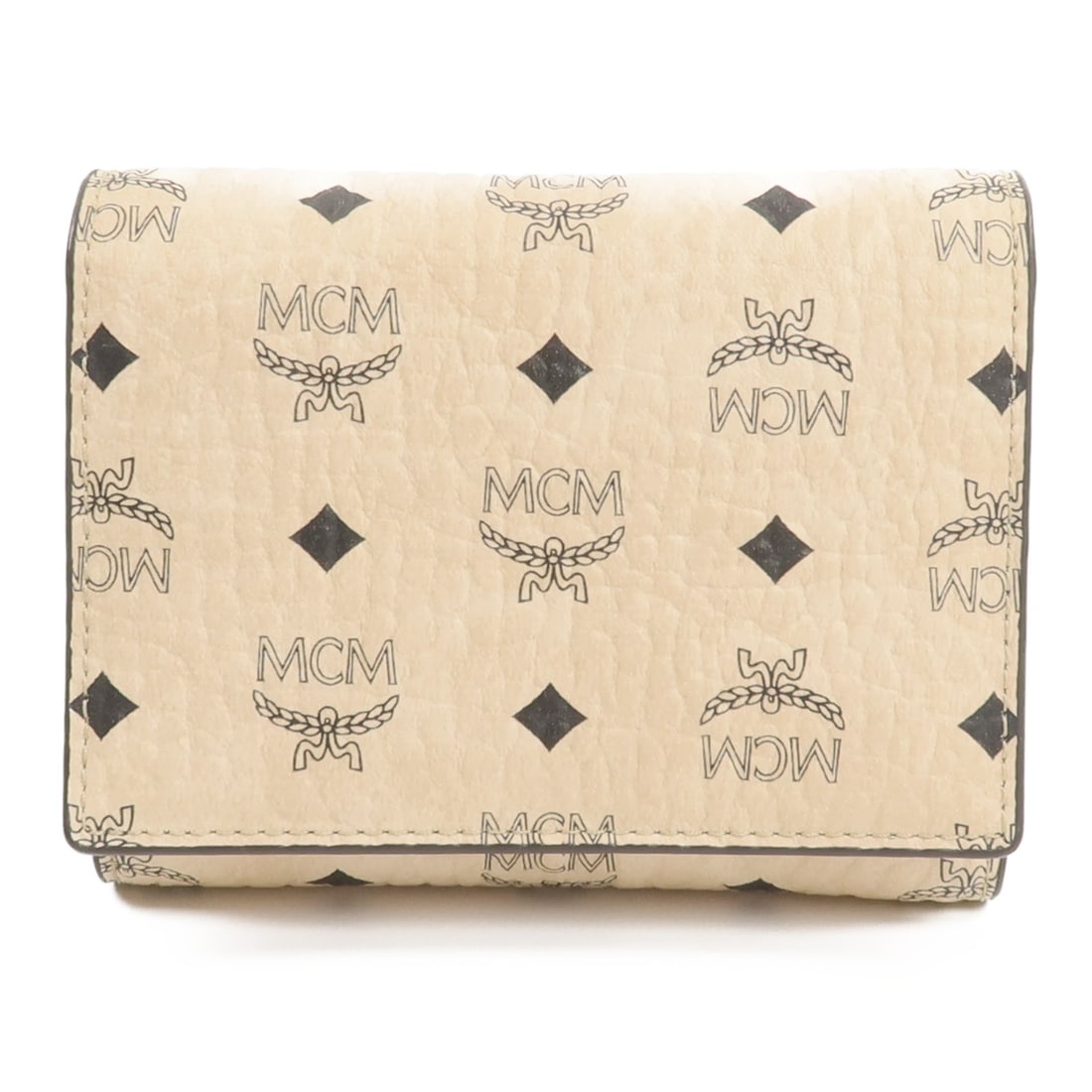 MCM pink beige coated canvas calfskin wallet with gold tone hardware: MCM pink beige coated canvas calfskin wallet with gold tone hardware MCM wallet in coated canvas and calfskin (cowhide) leather, presented in pink and beige. It features a hook button closure and a pr