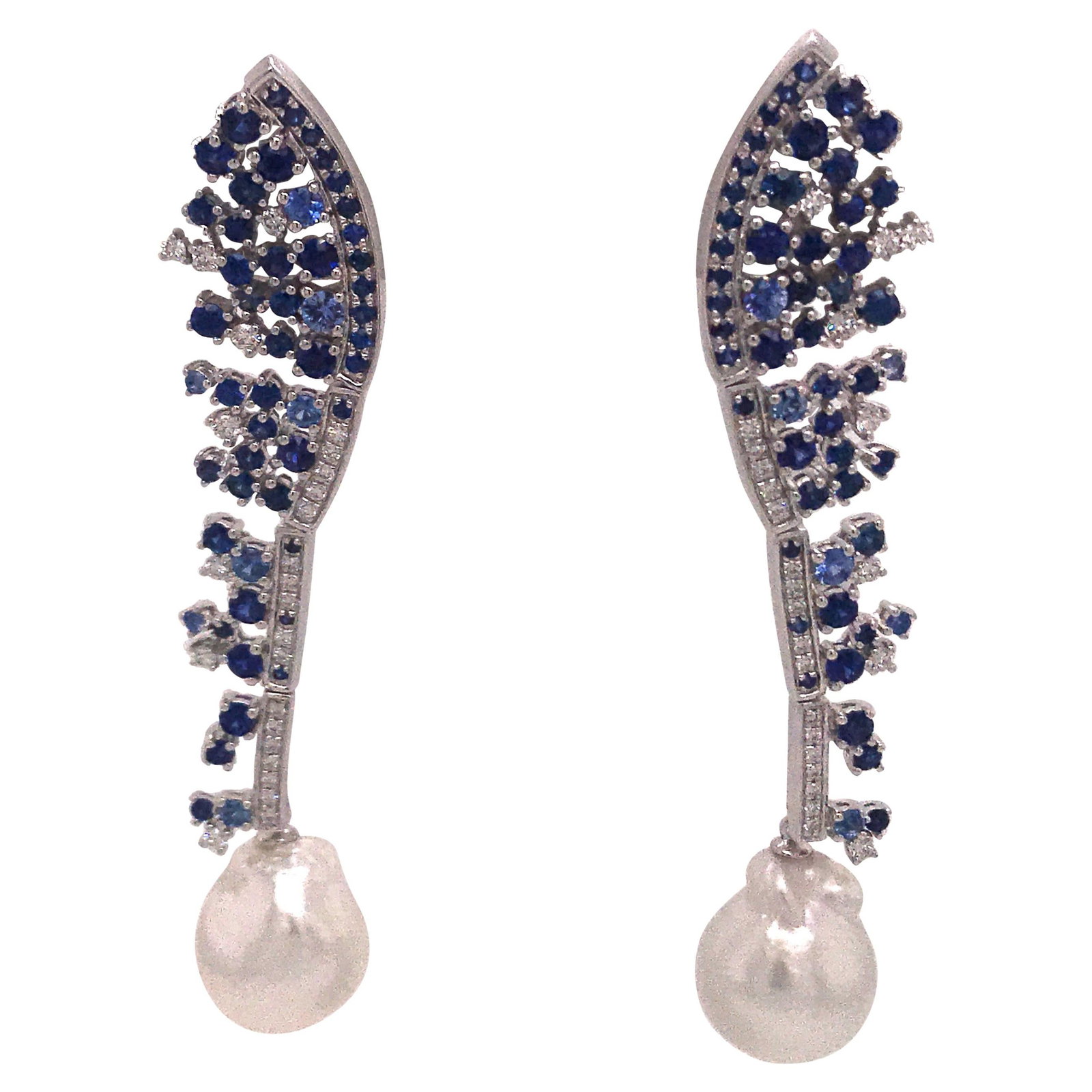 Harbor Diamonds 18K White Gold Sapphire Diamond Pearl Drop Earrings 4.10 Carat: Harbor Diamonds 18K White Gold Sapphire Diamond Pearl Drop Earrings 4.10 Carat These exquisite drop earrings are crafted from 18K white gold and feature a stunning combination of gemstones. Each earri