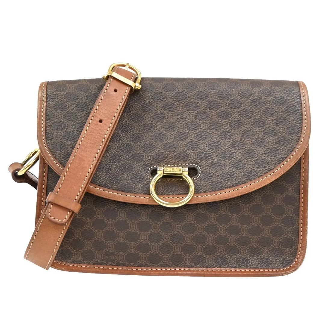 Celine Vintage Macadam Shoulder Bag Brown Canvas Leather: Celine Vintage Macadam Shoulder Bag Brown Canvas Leather This vintage Celine Macadam shoulder bag combines canvas and leather materials in a brown color designed for female use. Made in Italy, it feat
