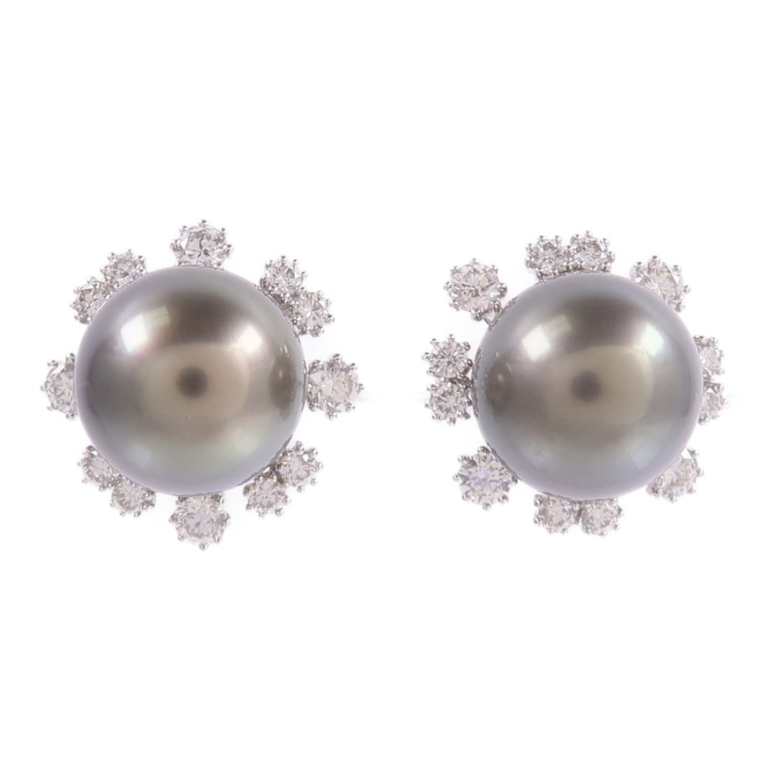 18K White Gold Pearl Diamond Earrings 14mm: 18K White Gold Pearl Diamond Earrings 14mm Pearl and diamond earrings in 18K white gold, featuring a silver and clear color presentation. The earrings are set with pearl and diamond, with a total diam