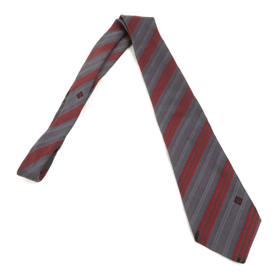 Dior CD Monsieur striped silk necktie in gray red and green: Dior CD Monsieur striped silk necktie in gray red and green A vintage Christian Dior CD Monsieur tie made from silk with a striped pattern in gray, red, and green. The item is in AB Very Good conditio