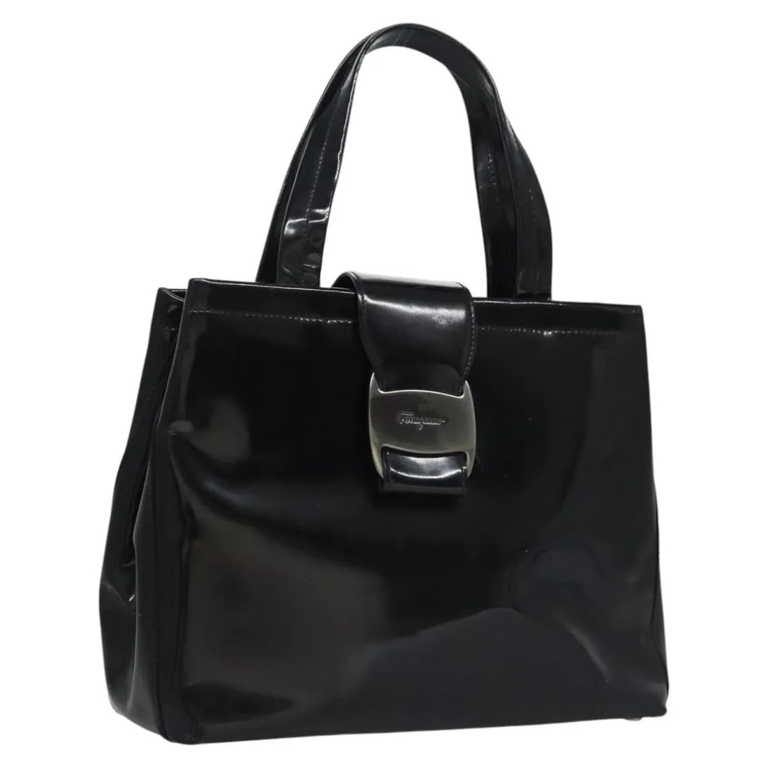 Salvatore Ferragamo Vala patent leather handbag black: Salvatore Ferragamo Vala patent leather handbag black Salvatore Ferragamo Vala handbag in black patent leather. This women's bag is made in Italy and shows noticeable overall wear consistent with heav