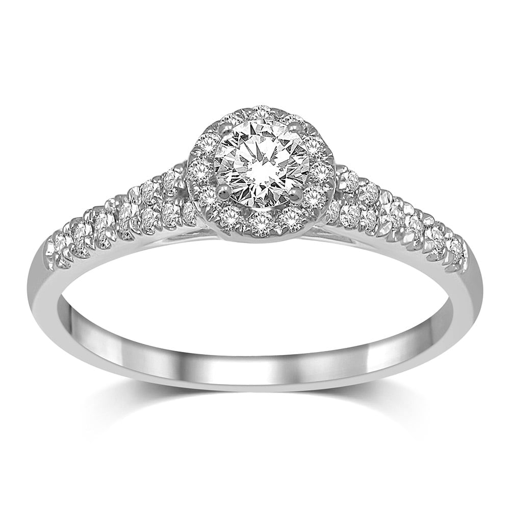 14K White Gold 1/2 Ct.Tw. Diamond Halo Engagement Ring: 14K White Gold 1/2 Ct.Tw. Diamond Halo Engagement Ring This stunning Engagement Ring is available in 14K White Gold. There are 45 round diamonds with a total carat weight of 1/2 Ct.Tw. set in a micro 