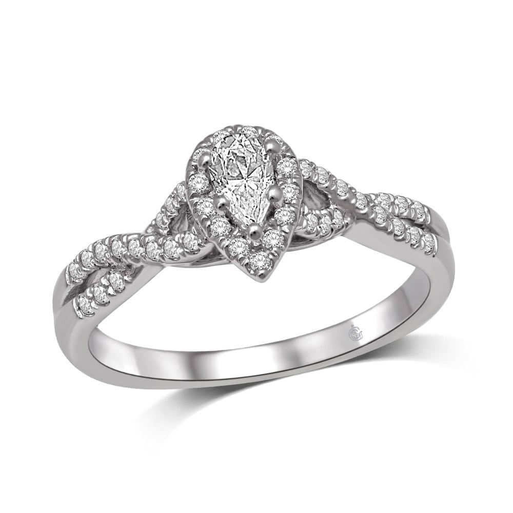 14K White Gold 1/2 Ct.Tw. Diamond Halo Engagement Ring: 14K White Gold 1/2 Ct.Tw. Diamond Halo Engagement Ring This eye-catching Halo Engagement Ring is available in 14K White Gold. There are 54 round diamonds with a total carat weight of 1/2 Ct.Tw. set in