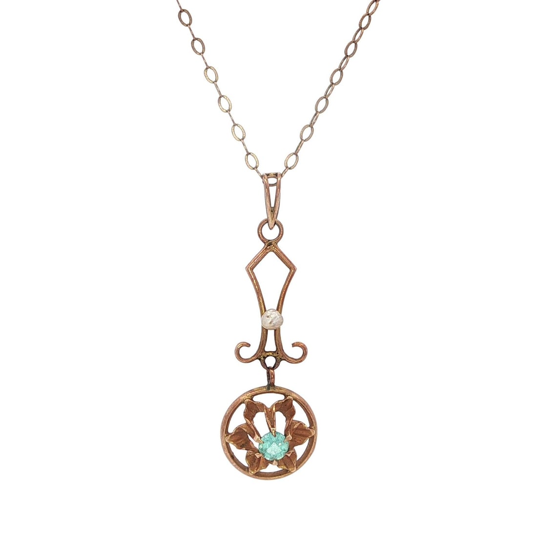 10k Yellow Gold Lavalier Pendant Necklace with Blue Zircon and Seed Pearl: 10k Yellow Gold Lavalier Pendant Necklace with Blue Zircon and Seed Pearl Antique lavalier pendant in solid 10k yellow gold featuring a flower design set with a natural blue zircon and a genuine seed 