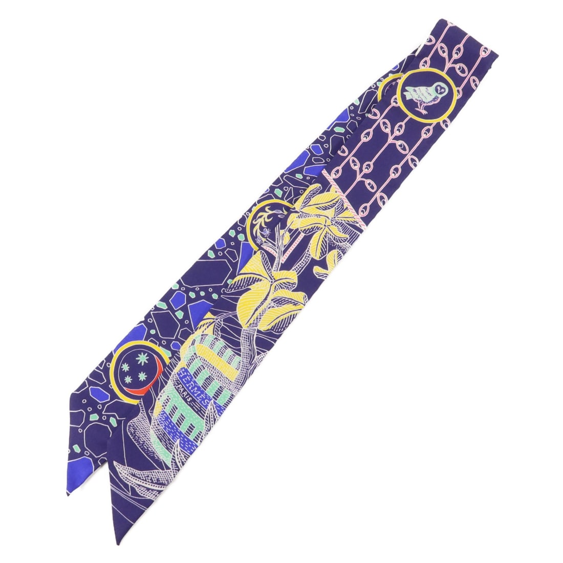 Hermes Twilly Silk Scarf Multicolor Navy Blue with Box: Hermes Twilly Silk Scarf Multicolor Navy Blue with Box Hermes Twilly scarf in multicolor and navy blue silk. It measures 85 cm x 5 cm (33.5 x 2.0 in) and comes with a storage box. Condition is A+, des