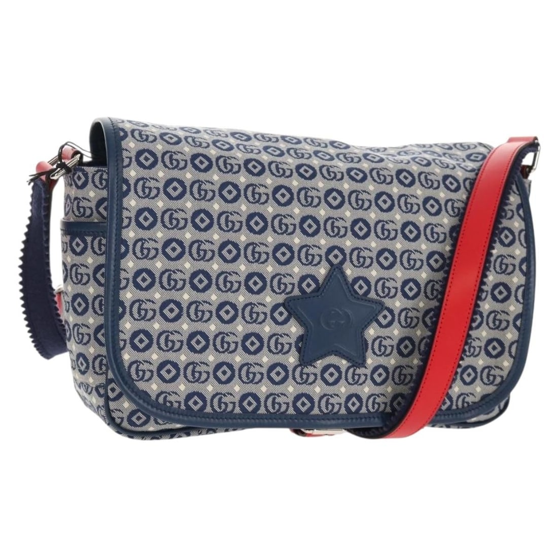 GUCCI 664143 Canvas Shoulder Bag Blue Silver Dust Bag: GUCCI 664143 Canvas Shoulder Bag Blue Silver Dust Bag A Gucci shoulder bag in blue and silver canvas, made in Italy. It comes with a dust bag and is described as being in very good condition, with sli