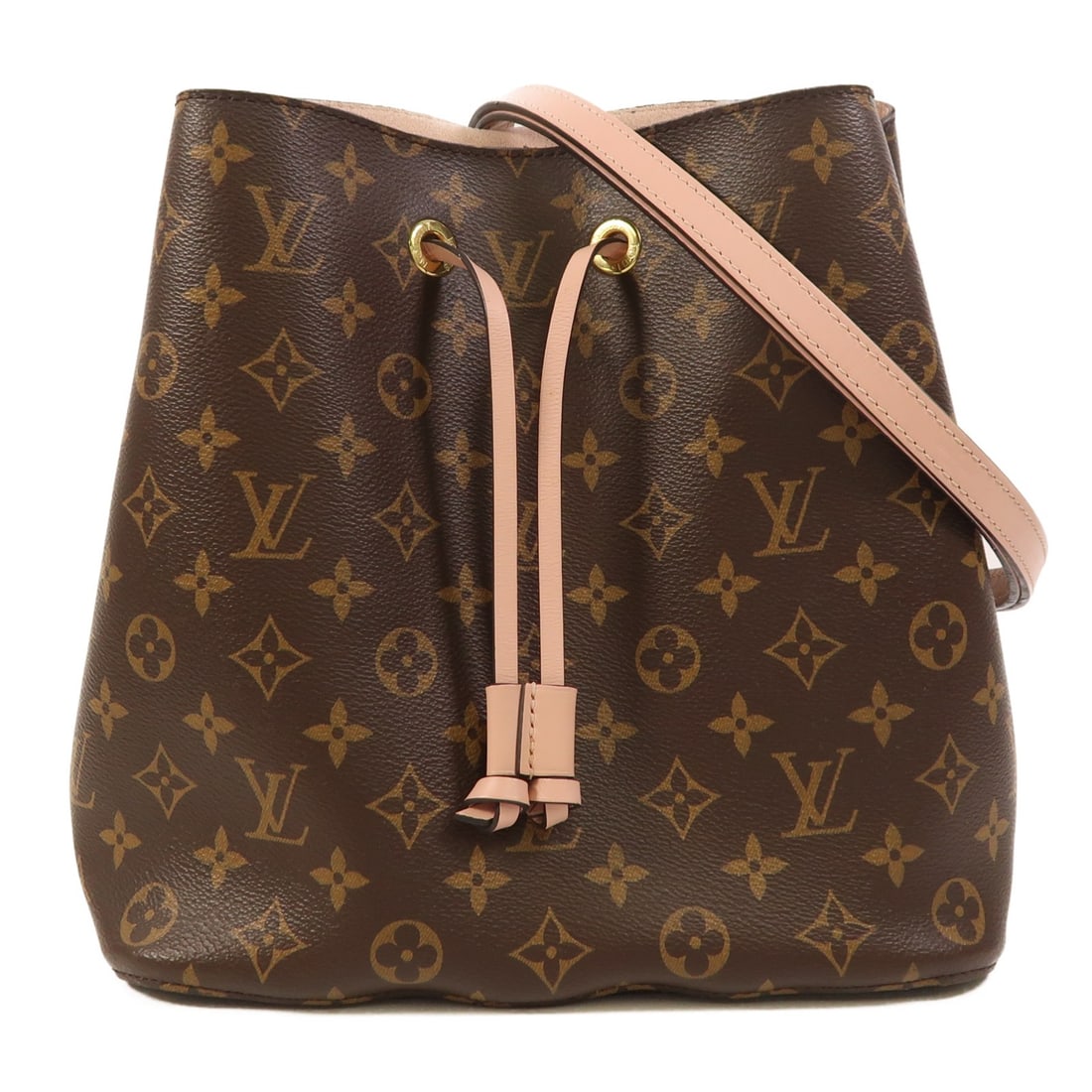 Louis Vuitton Neo Noe M44022 Monogram 2 Way Shoulder Bag Brown Pink: Louis Vuitton Neo Noe M44022 Monogram 2 Way Shoulder Bag Brown Pink Louis Vuitton Neo Noe 2 Way Shoulder Bag, model M44022, in brown and pink. It is made from Monogram and PVC coated canvas and featur