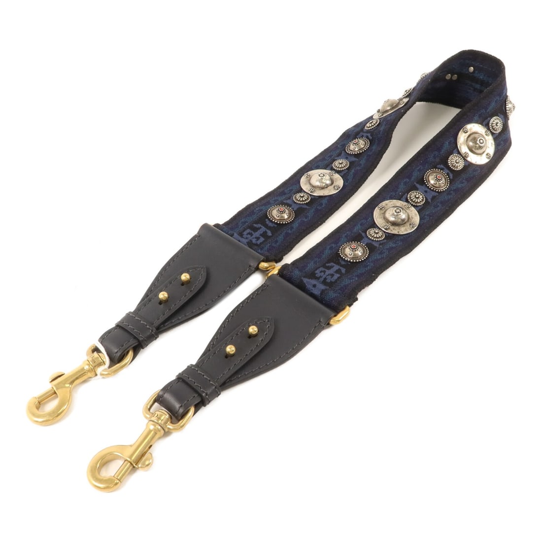 Dior CD Blue Canvas Shoulder Strap with Studs and Storage Bag: Dior CD Blue Canvas Shoulder Strap with Studs and Storage Bag A Christian Dior shoulder strap in blue canvas with studded detailing and gold-tone hardware. It comes with storage bags and is described 