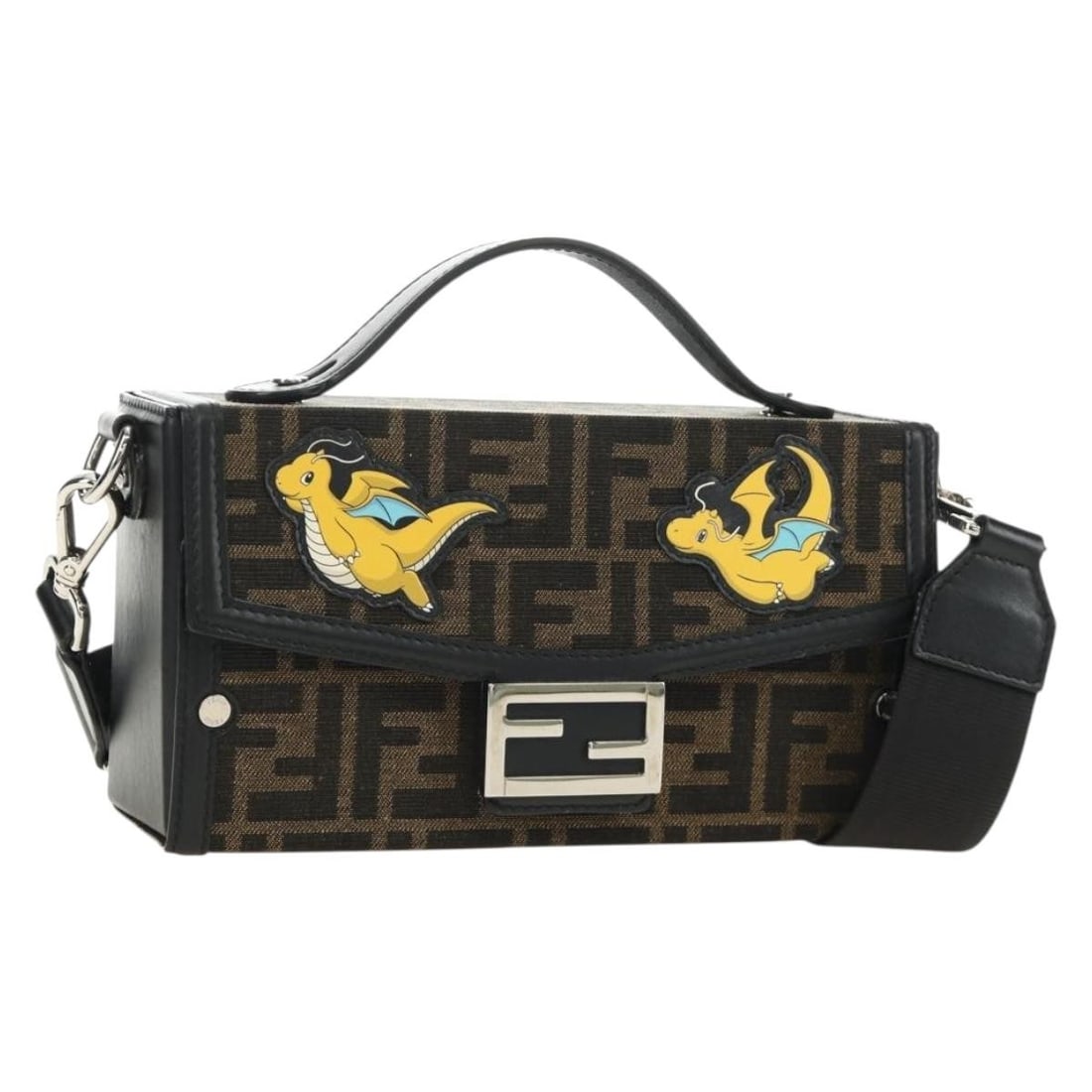 FENDI FRGMT Pokemon Dragonite Mamma Baguette Zucca Canvas Shoulder Bag: FENDI FRGMT Pokemon Dragonite Mamma Baguette Zucca Canvas Shoulder Bag FENDI shoulder bag in Zucca canvas with a black and brown exterior. Made in Italy, this Mamma Baguette Soft Trunk features a shou