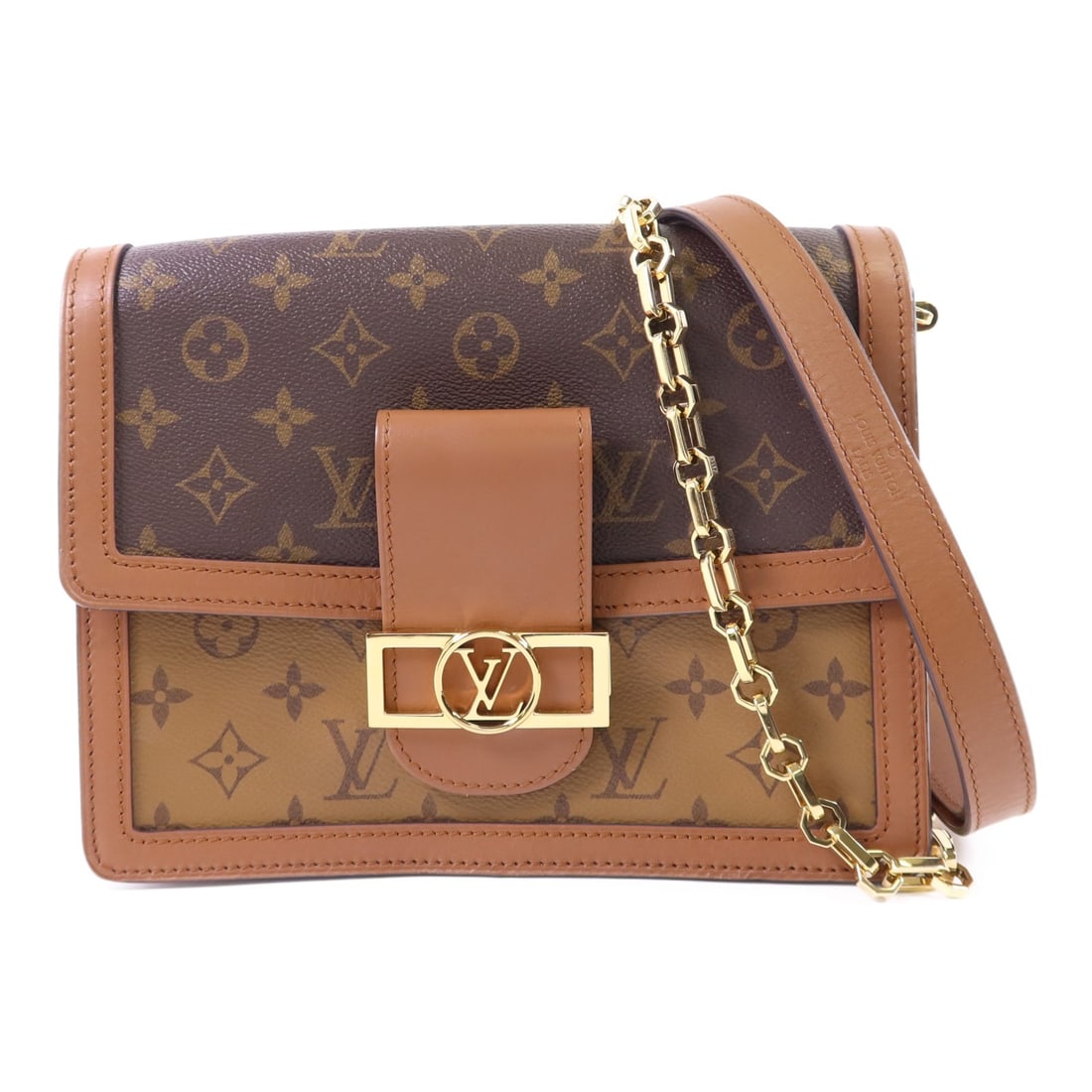Louis Vuitton Dauphine MM M45958 Monogram Reverse Shoulder Bag: Louis Vuitton Dauphine MM M45958 Monogram Reverse Shoulder Bag Louis Vuitton Dauphine MM crossbody shoulder bag in brown Monogram Reverse and PVC coated canvas. It features a magnetic pocket, one open