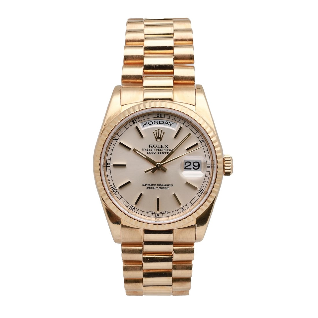 18K Yellow Gold Rolex President Day-Date 36mm Watch With Silver Stick Dial: 18K Yellow Gold Rolex President Day-Date 36mm Watch With Silver Stick Dial This Rolex Day-Date President wristwatch features a 36 mm 18K yellow gold case with a silver dial and stick indexes. The watc