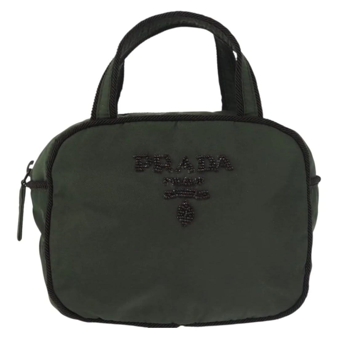 Prada Vintage Khaki Nylon Handbag Made in Italy: Prada Vintage Khaki Nylon Handbag Made in Italy This Prada vintage handbag is crafted from durable khaki nylon and is designed for women. It features a classic silhouette with practical dimensions, ma