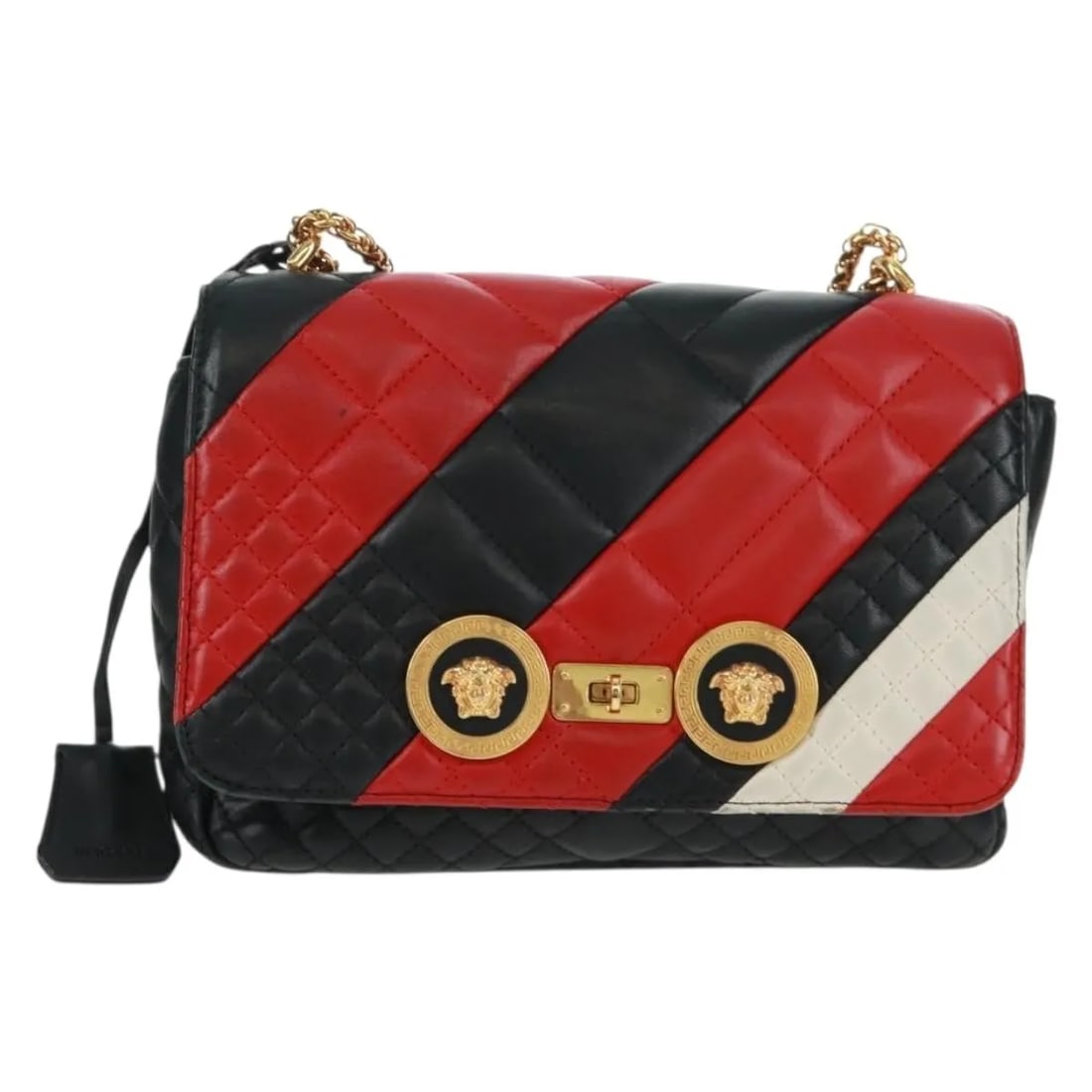 Versace Medusa Padlock Icon quilted leather top handle bag: Versace Medusa Padlock Icon quilted leather top handle bag Versace Medusa Padlock Icon Top Handle bag in black quilted leather. This structured top-handle design is made in Italy and shows fair overal