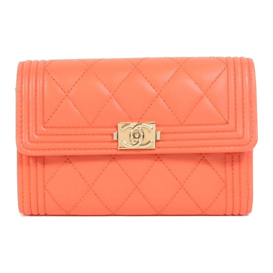 CHANEL Boy Wallet Orange Red Calfskin CC Gold Tone Hardware: CHANEL Boy Wallet Orange Red Calfskin CC Gold Tone Hardware A CHANEL Boy wallet in orange-red calfskin leather with gold-tone hardware. It features a hook button closure and a practical interior layou